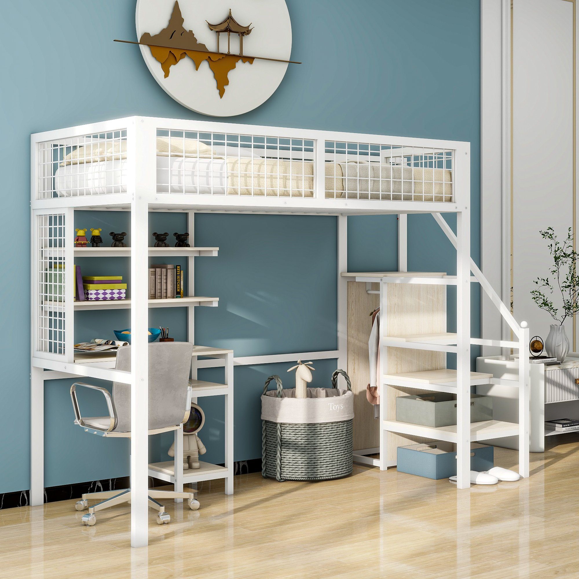 Flieks Hochbett Kinderbett 90x200cm mit Tisch/Leiter/Regal/Kleiderschrank (ohne Stuhl)