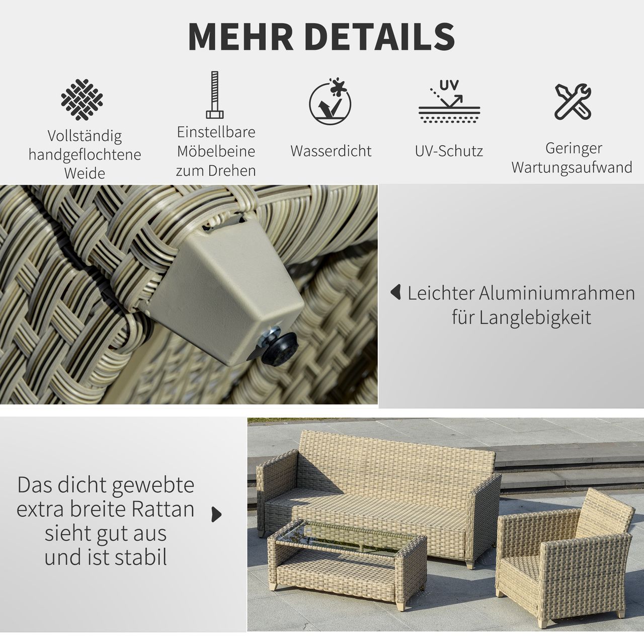 Outsunny 4-tlg. Polyrattan Gartenmöbel Set Sitzgruppe mit Couchtisch Alu Braun