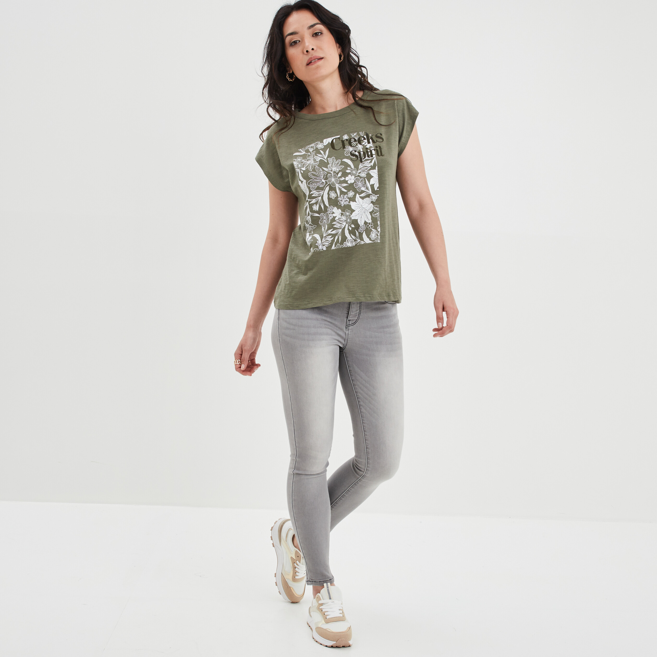 T-shirt droit manches courtes Creeks vert kaki femme | La Halle