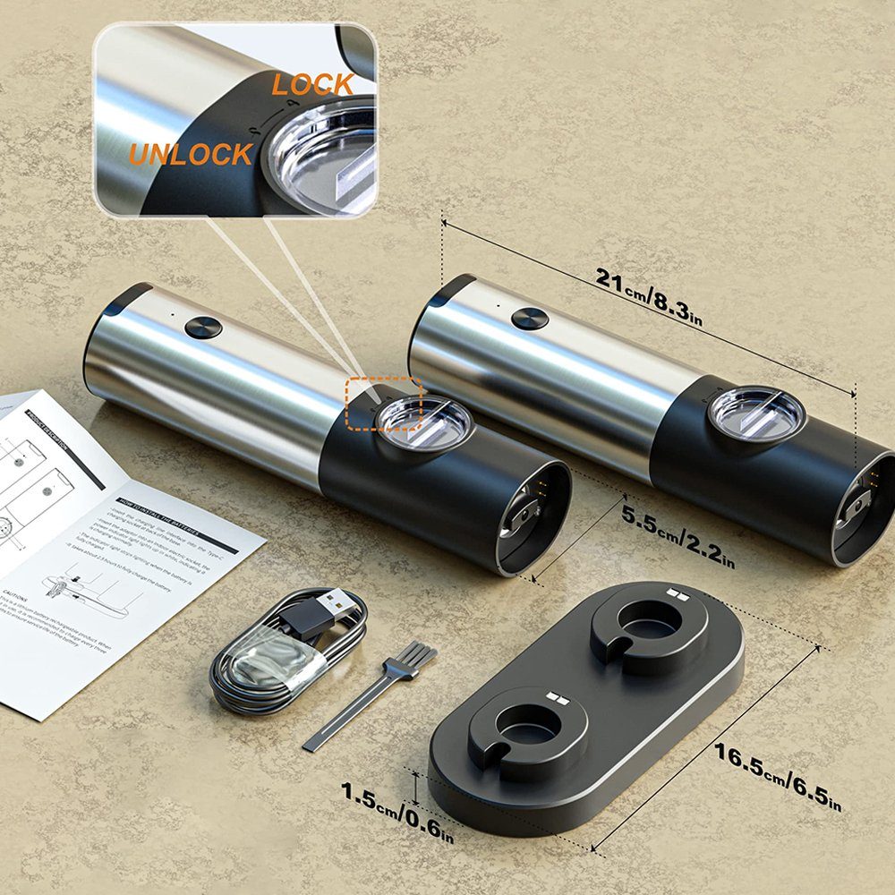 AKKEE Pfeffermühle Salz und Pfeffermühle Elektrisch mit Basis,Wiederaufladbare USB Elektrische Salz und Pfeffermühlen Set, (1 Stück), LED-Licht,Edelstahl-Einhand-Küchenhelfermühle