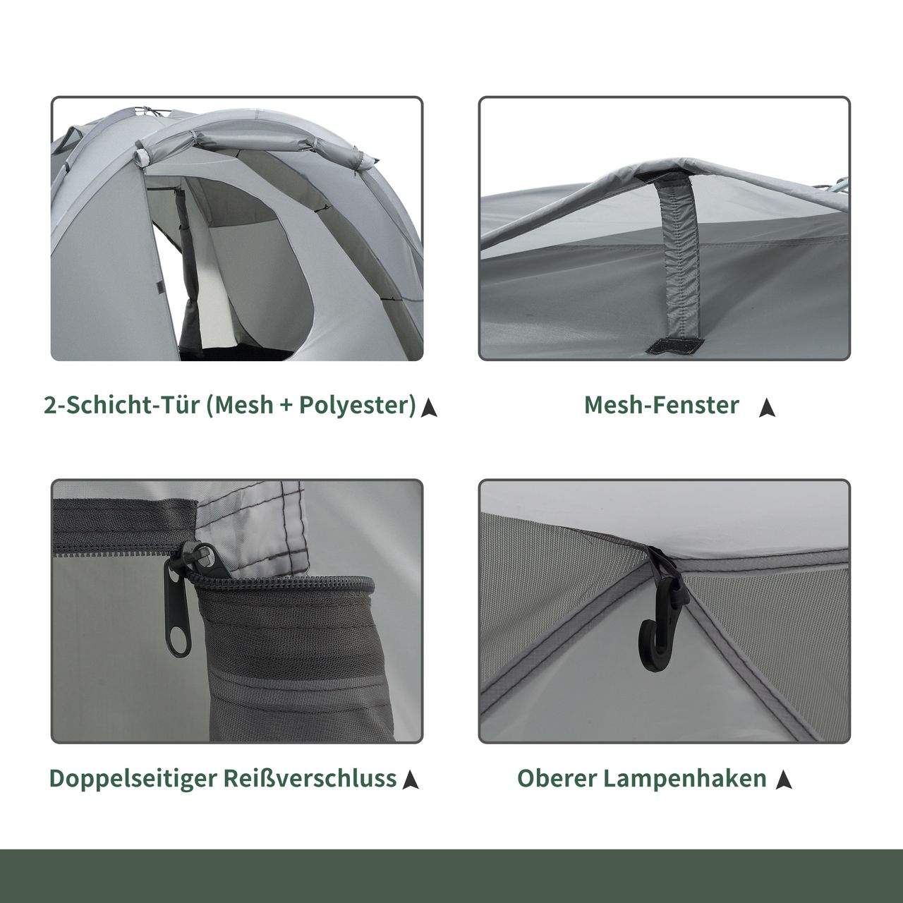 Outsunny Campingzelt für 2-3 Personen Glasfaser Tür mit Reißverschluss Meshfenster inkl. Transporttasche Kuppelzelt 190T PU2000mm Glasfaser Grau