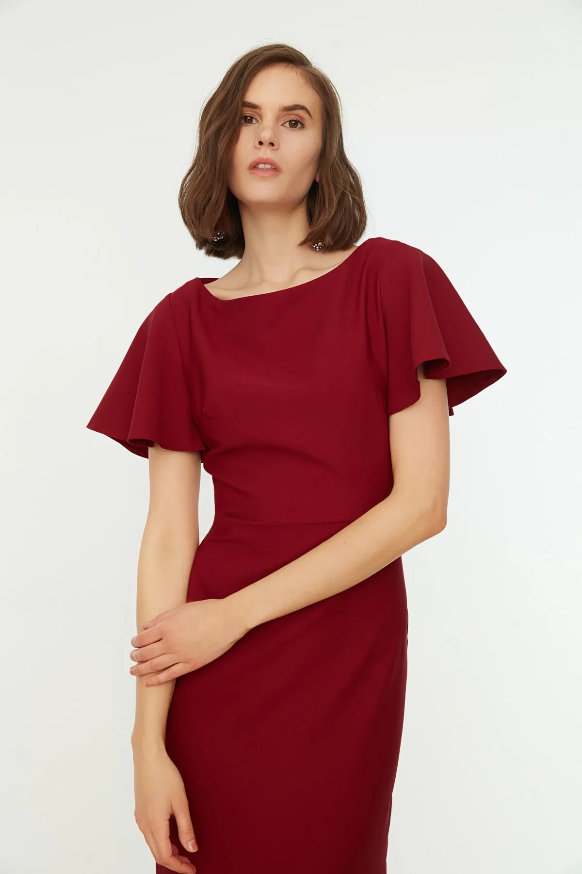 Trendyol Collection  Weinrotes Volant-Midi-Webkleid TWOSS20EL1342