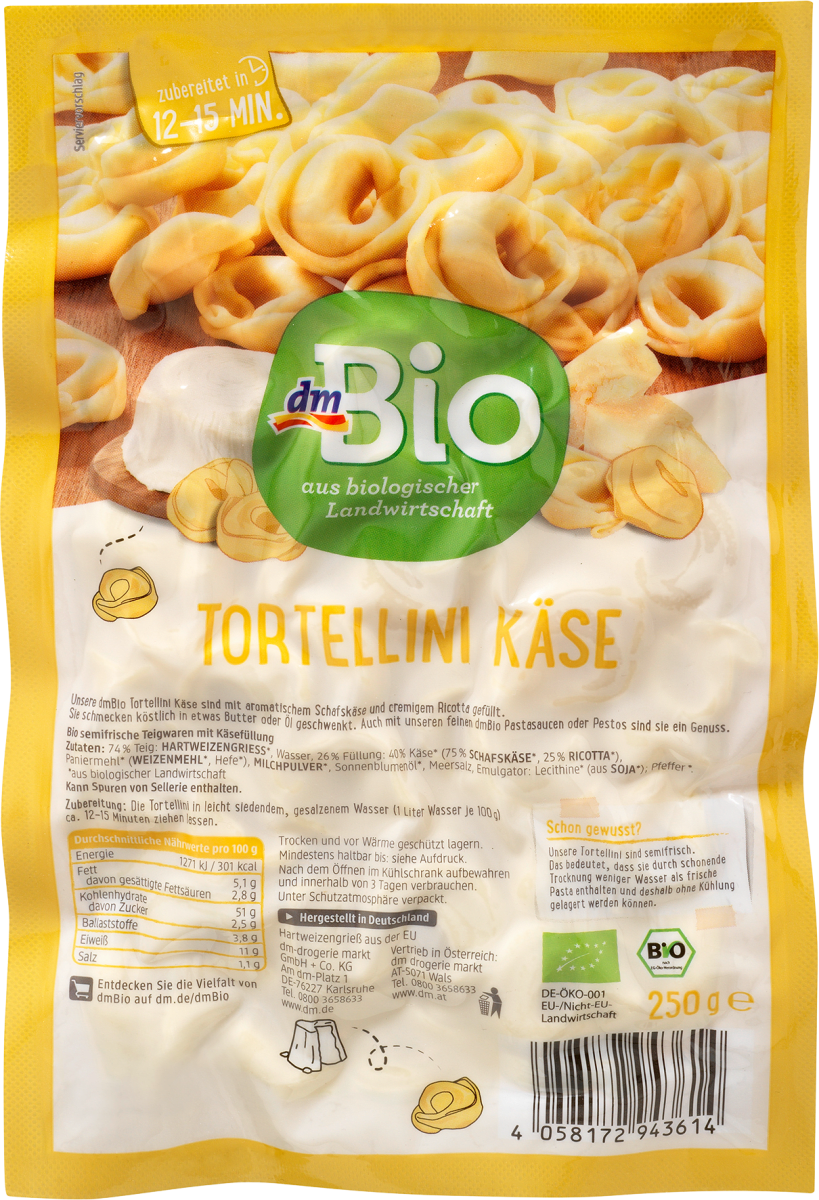 Nudeln, Tortellini mit Käse gefüllt, 250 g