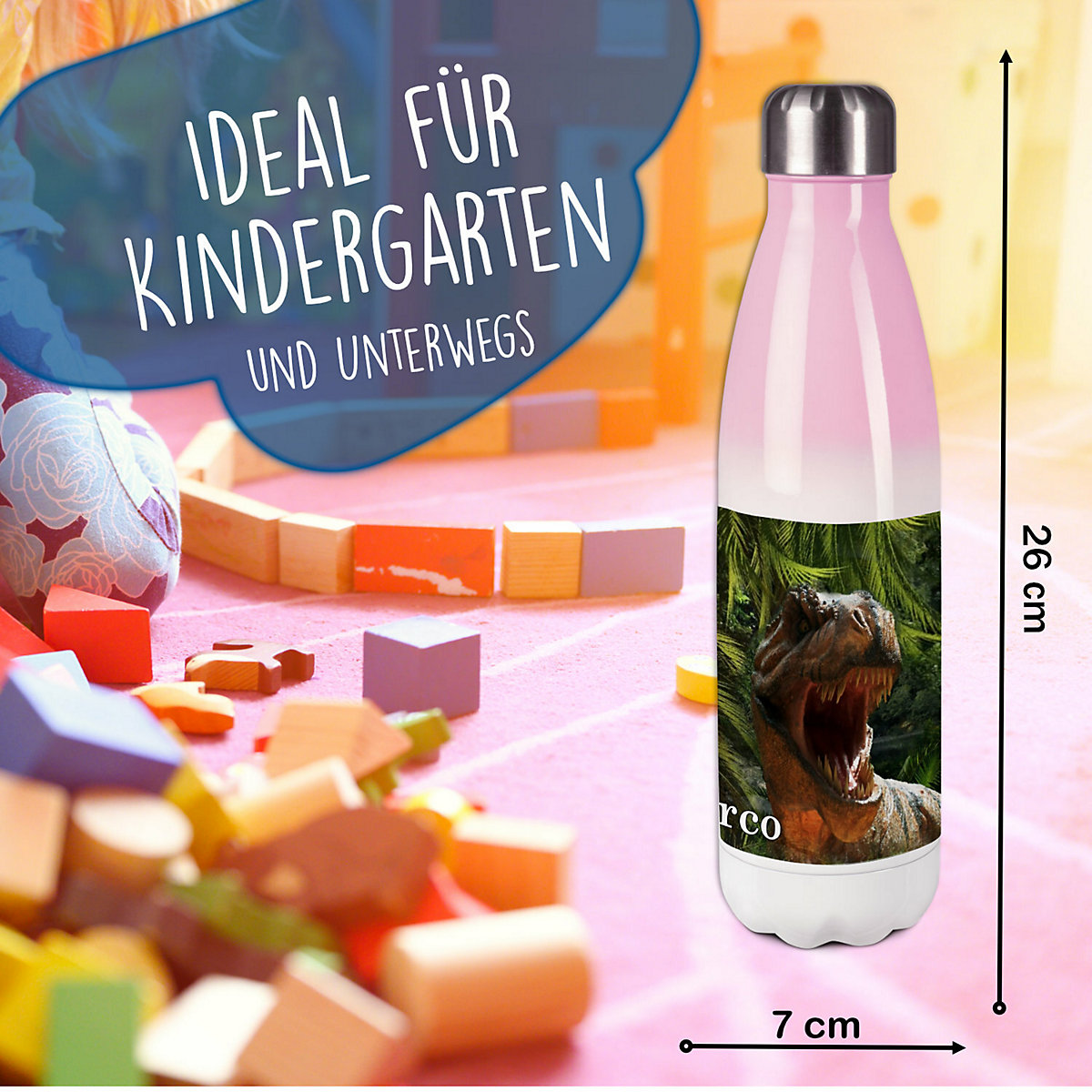 Edelstahl Kinder Thermoflasche / Trinkflasche bunt T-Rex Spülmaschinenfest, Auslaufsicher, Bruchfest, Doppelwandig, Für Heißgetränke geeignet, Mit Deckel, Isoliert