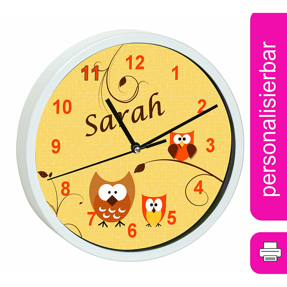 Kinder Wanduhr personalisiert mit Name Eule Orange