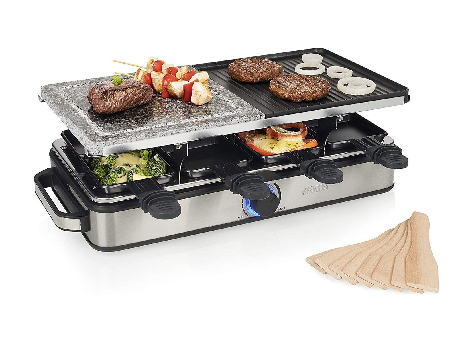 PRINCESS Raclette, 5in1 Gerät für 2-8 Personen Tischgrill Grill- & Steinplatte Steingrill