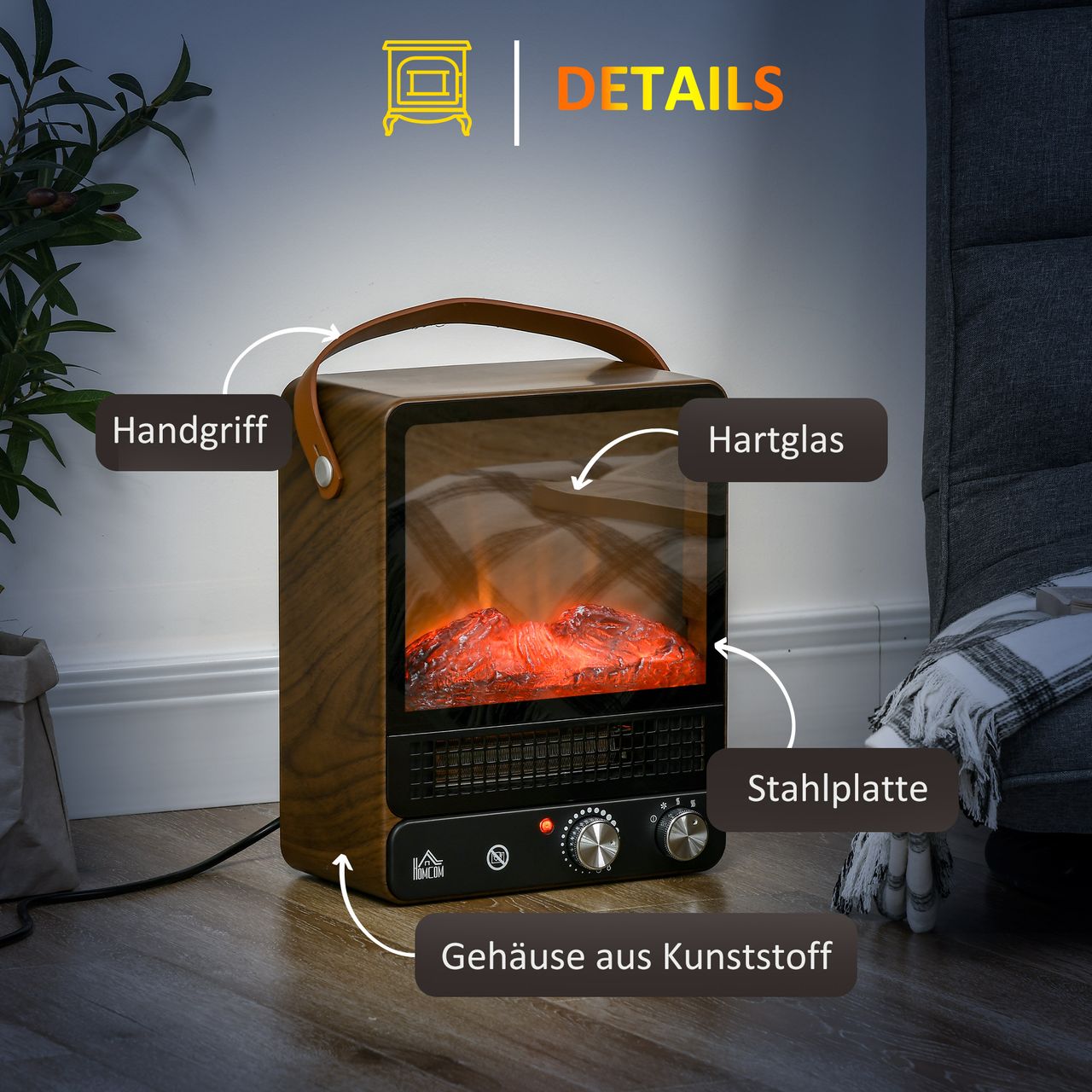 HOMCOM Elektrokamin mit Einstellbarer Temperatur Rrealistische Flammen
