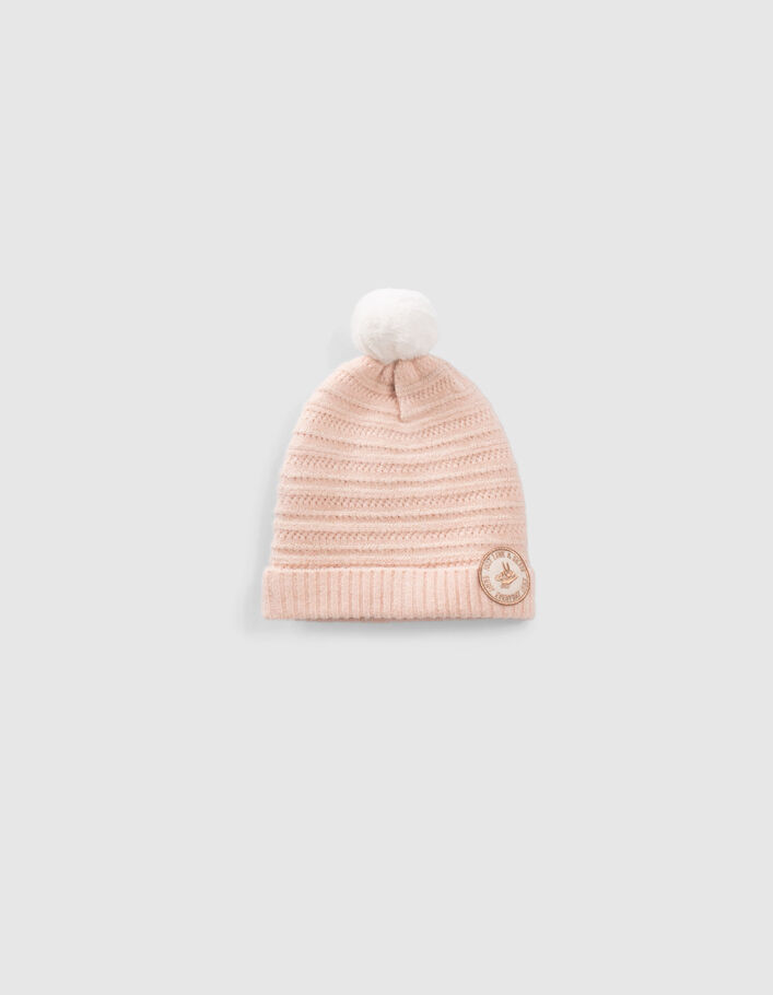 Bonnet rose tricot fantaisie lurex badge bronze fille