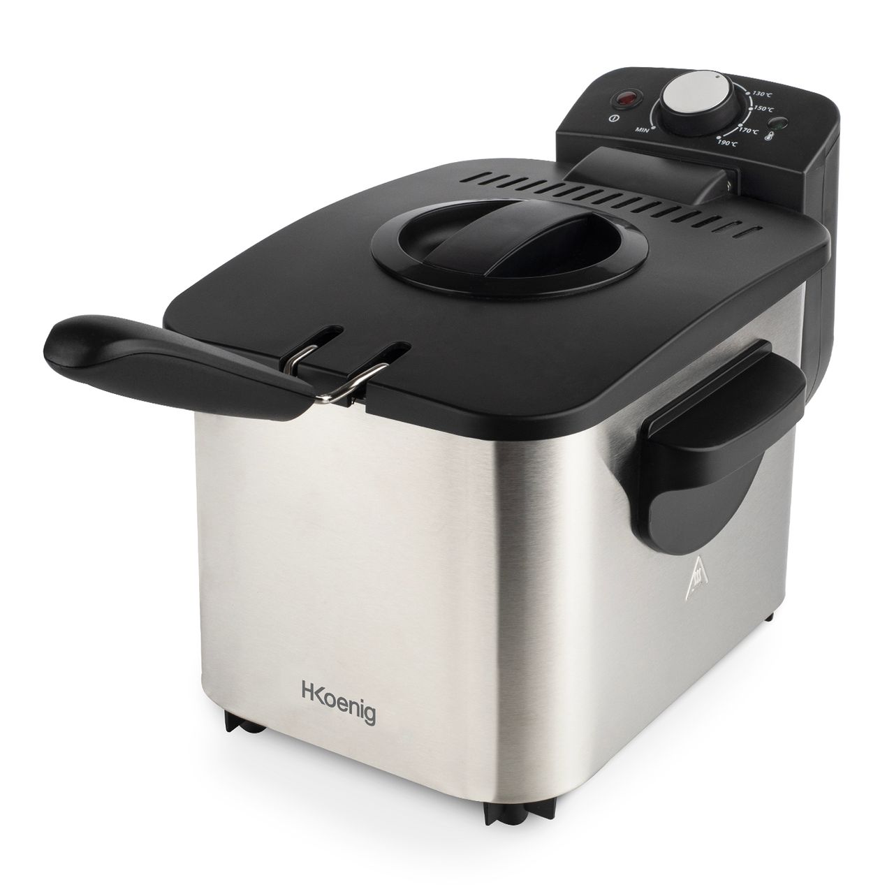 H.Koenig Elektro-Fritteuse DFX500 / 3 L / Edelstahl / Heißluft / Einstellbare Temperatur / Isolierte Griffe / Herausnehmbarer Korb / spülmaschinentauglich