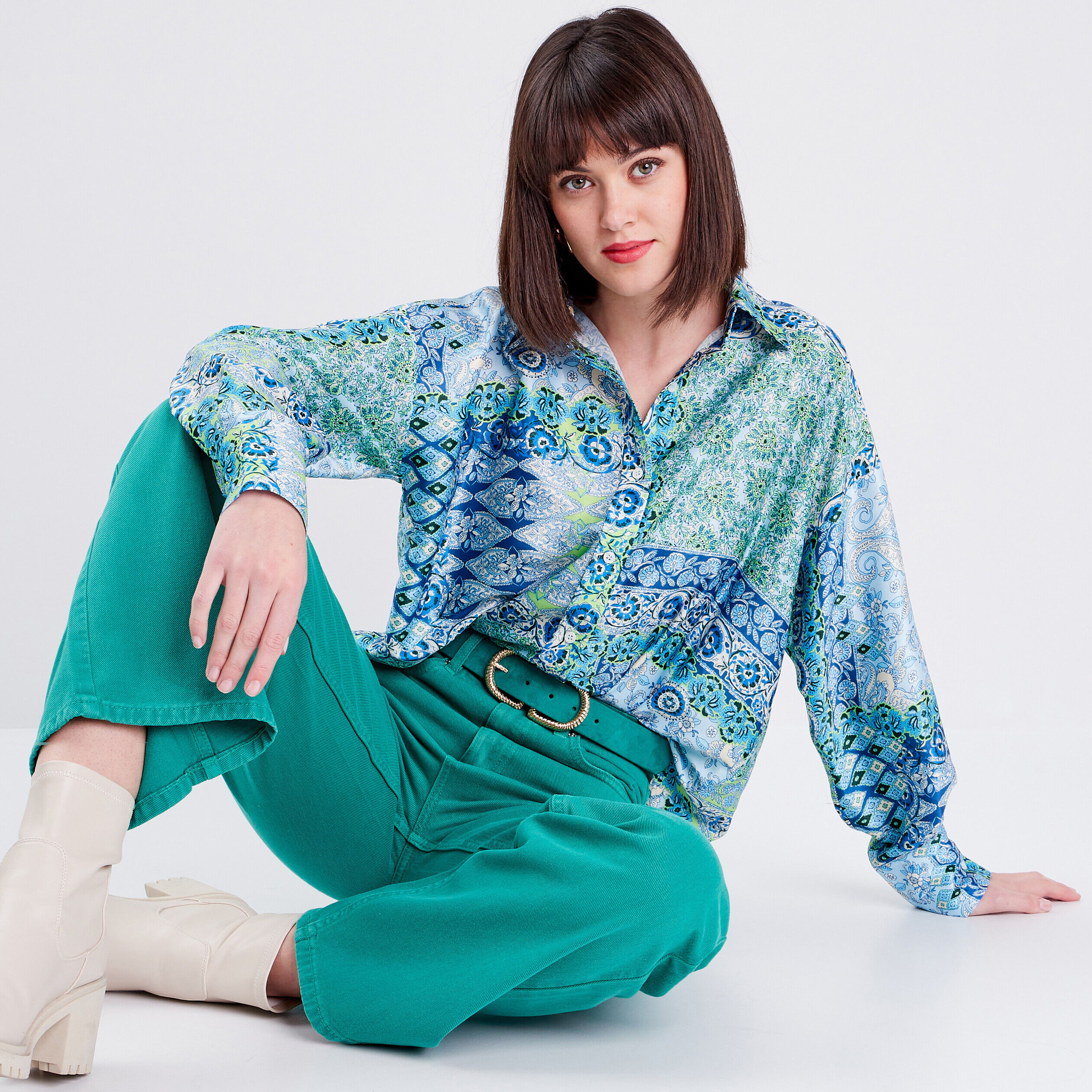 Chemise manches longues satin bleu femme | Cache Cache