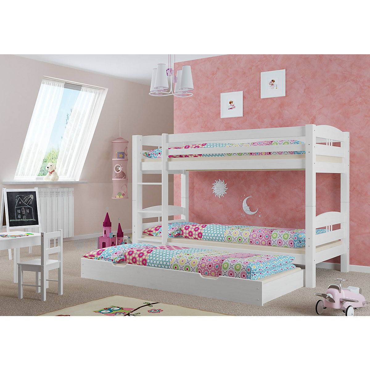 Stockbett 90x200 Kiefer weiß Rollroste, Matratzen, Gästebettkasten