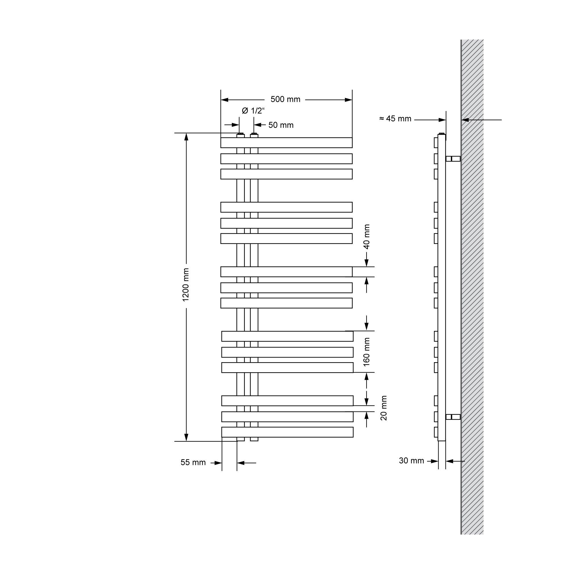 LuxeBath Badheizkörper Designheizkörper Badheizkörper IronEM Paneelheizkörper Flachheizkörper, Schwarz matt 500x1200mm inkl. Montage-Set