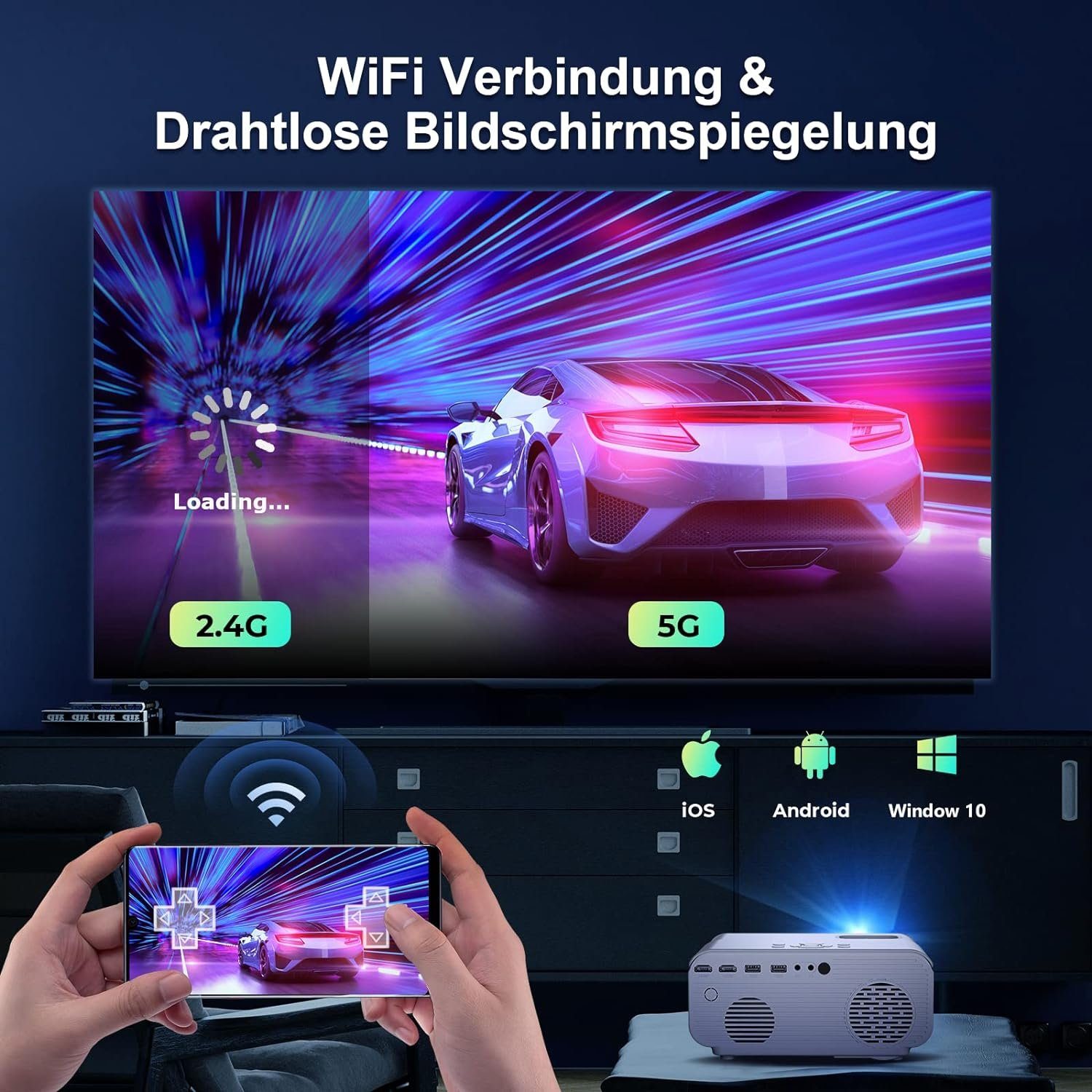 Glisogo 5G WiFi Bluetooth Unterstützung 4K Stativmontage Mini-Beamer (13000 lm, 10000:1, 1920x1080 px, Maximale 300