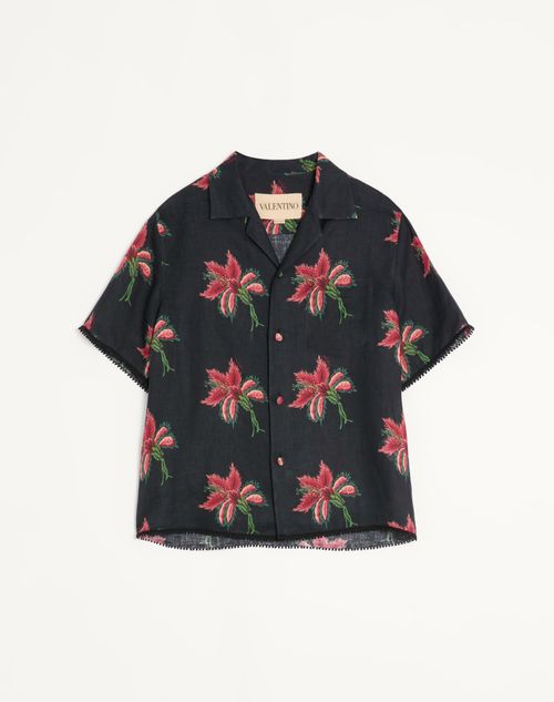 Valentino bowlingskjorte i hør med blomsterprint i papir