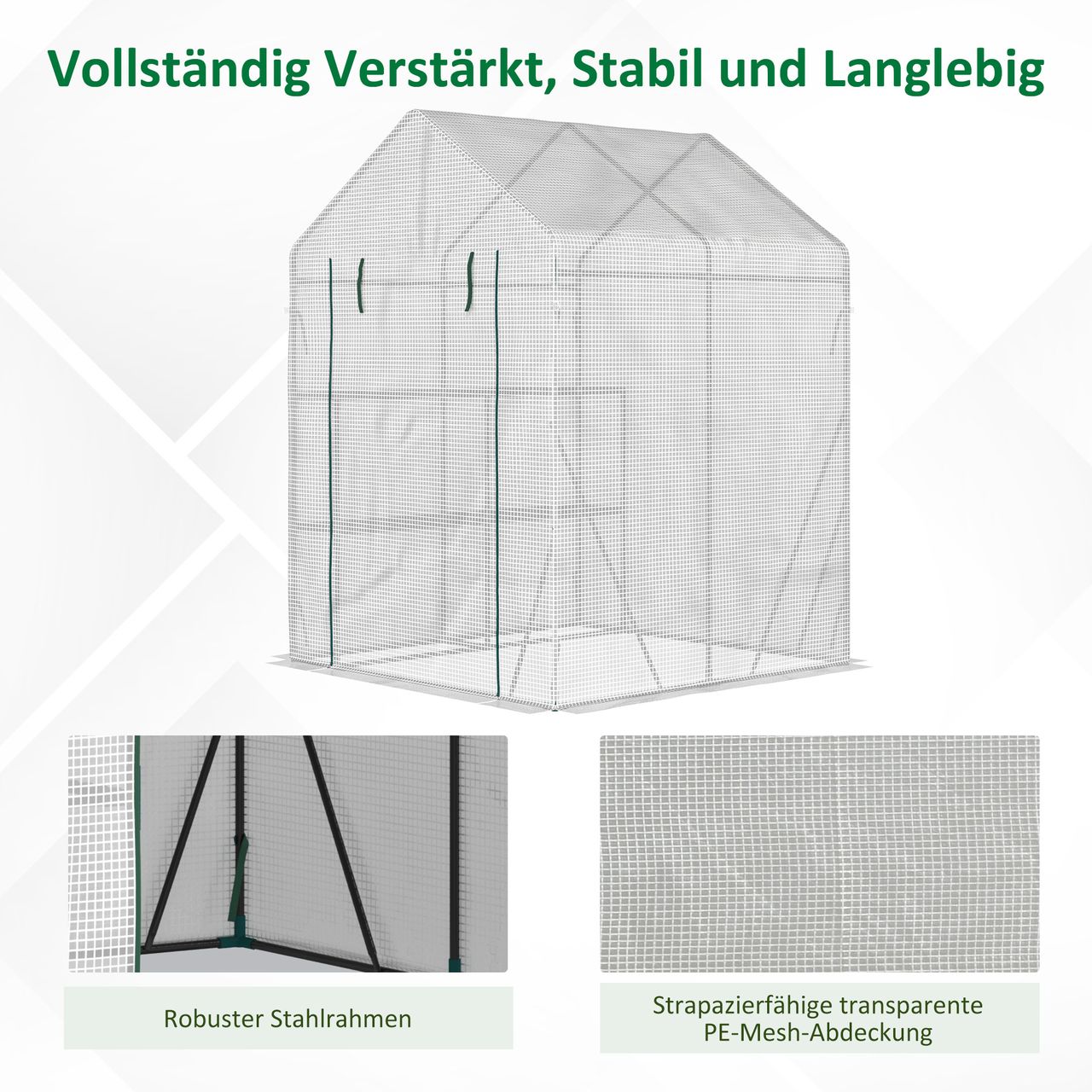 Outsunny Foliengewächshaus begehbares Gewächshaus mit 4 Regalebenen Tomatengewächshaus Treibhaus Frühbeet mit Reißverschlusstüren Weiß Stahl PE-Kunststoff 143 x 143 x 195 cm