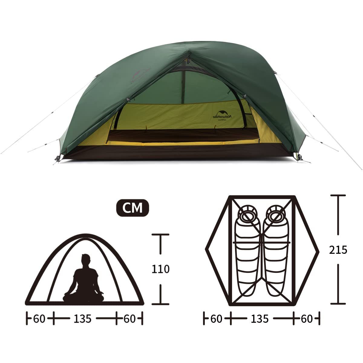 Naturehike Kuppelzelt Wasserdicht Ultraleichtes Zelt für Camping Rucksackreisen und Klettern, Personen: 2, 210 x 85 x 95 cm