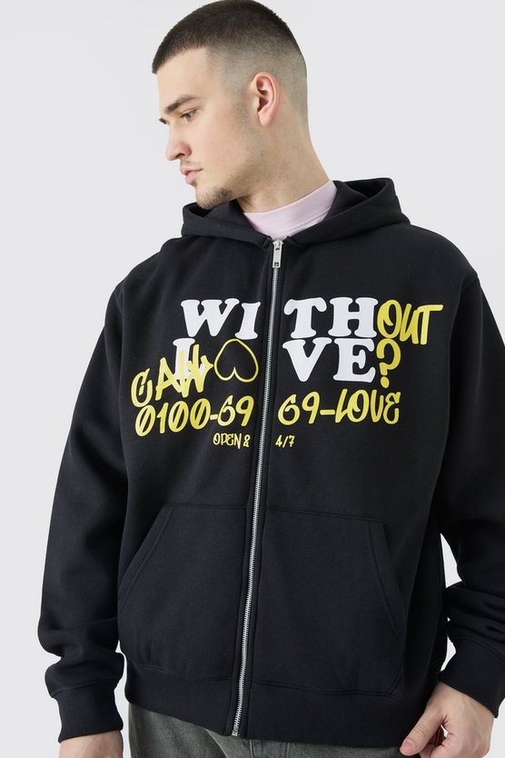 Tall kastiger Hoodie mit Loose Love Print und Reißverschluss