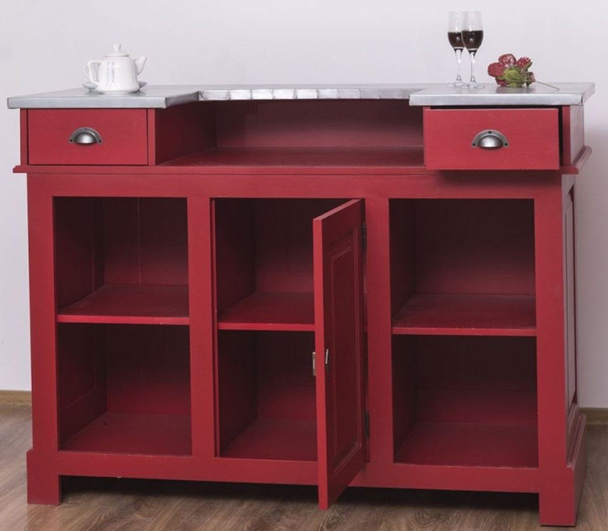 Casa Padrino Barschrank Landhausstil Theke Rot / Silber 150 x 65 x H. 107 cm - Massivholz Thekentisch mit verzinkter Tischplatte - Barmöbel im Landhausstil