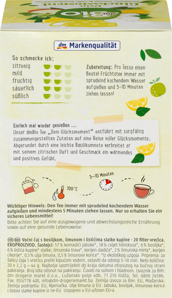 Früchtetee \Dein Glücksmoment\ mit Basilikum, Zitrone und süße Brombeerblätter (20 x 2,2g), 44 g