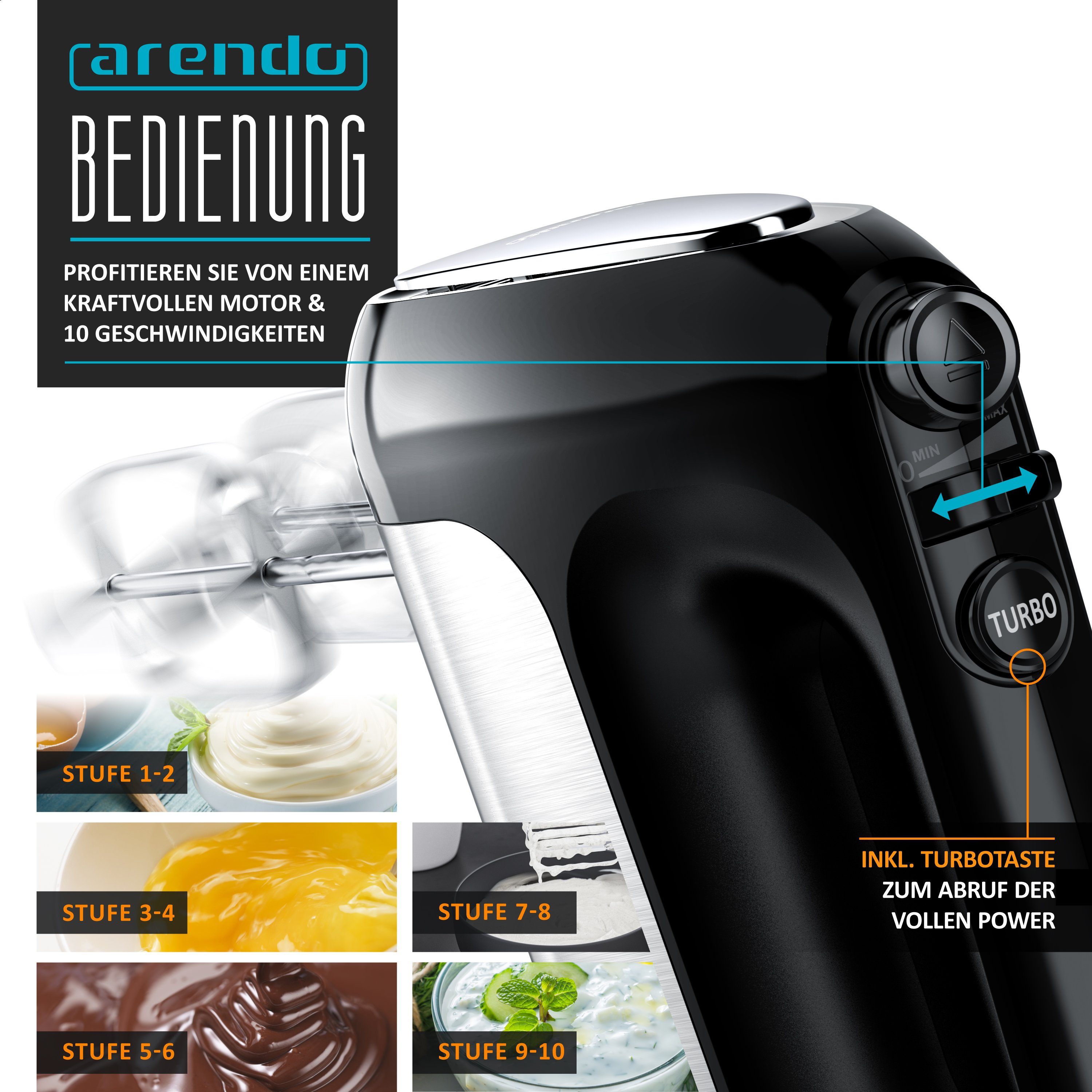 Arendo Handmixer, 500 W, Elektrischer Handrührer inkl. 2 Quirle und 2 Knethaken, Handrührgerät
