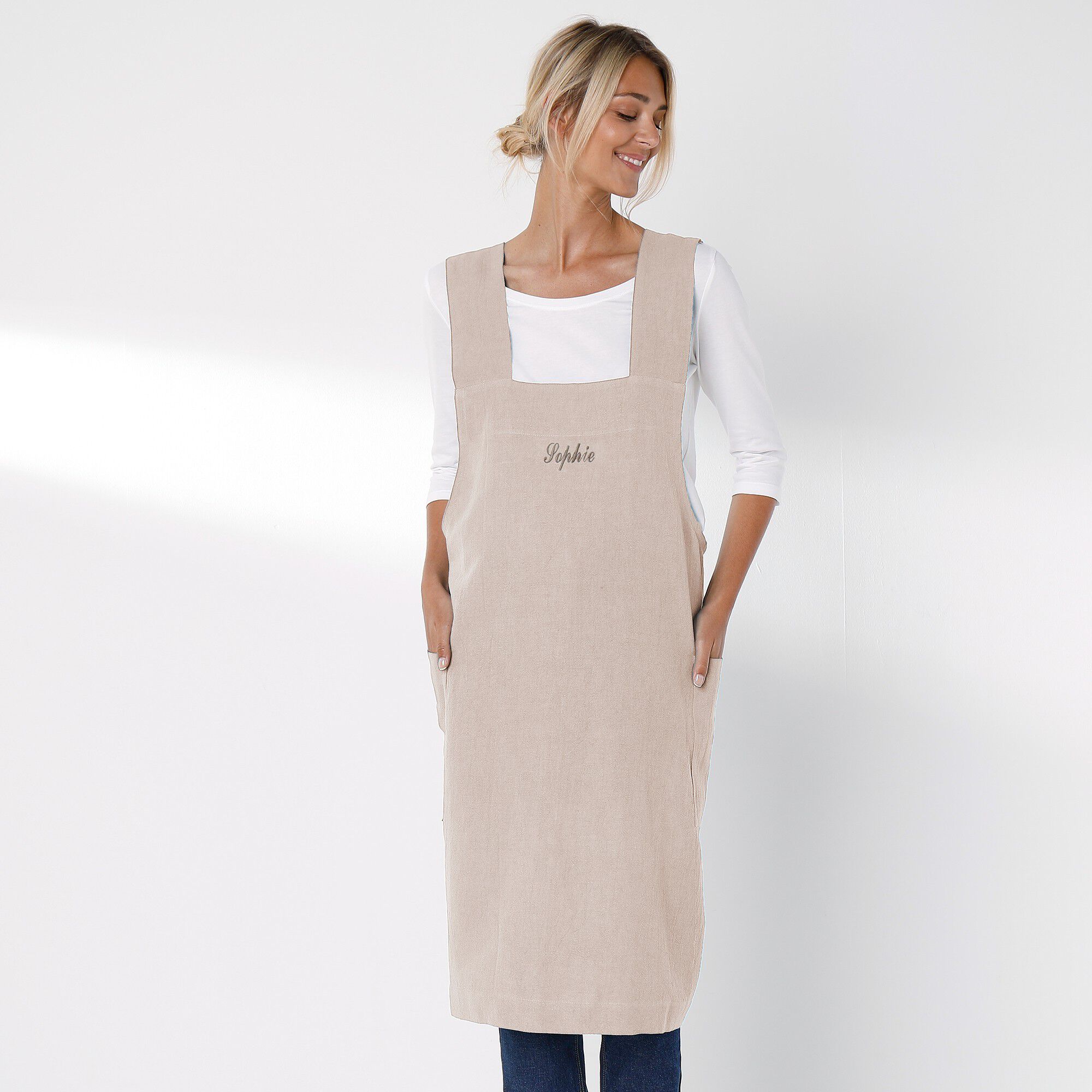 Tablier de cuisine japonais coton et lin uni personnalisable