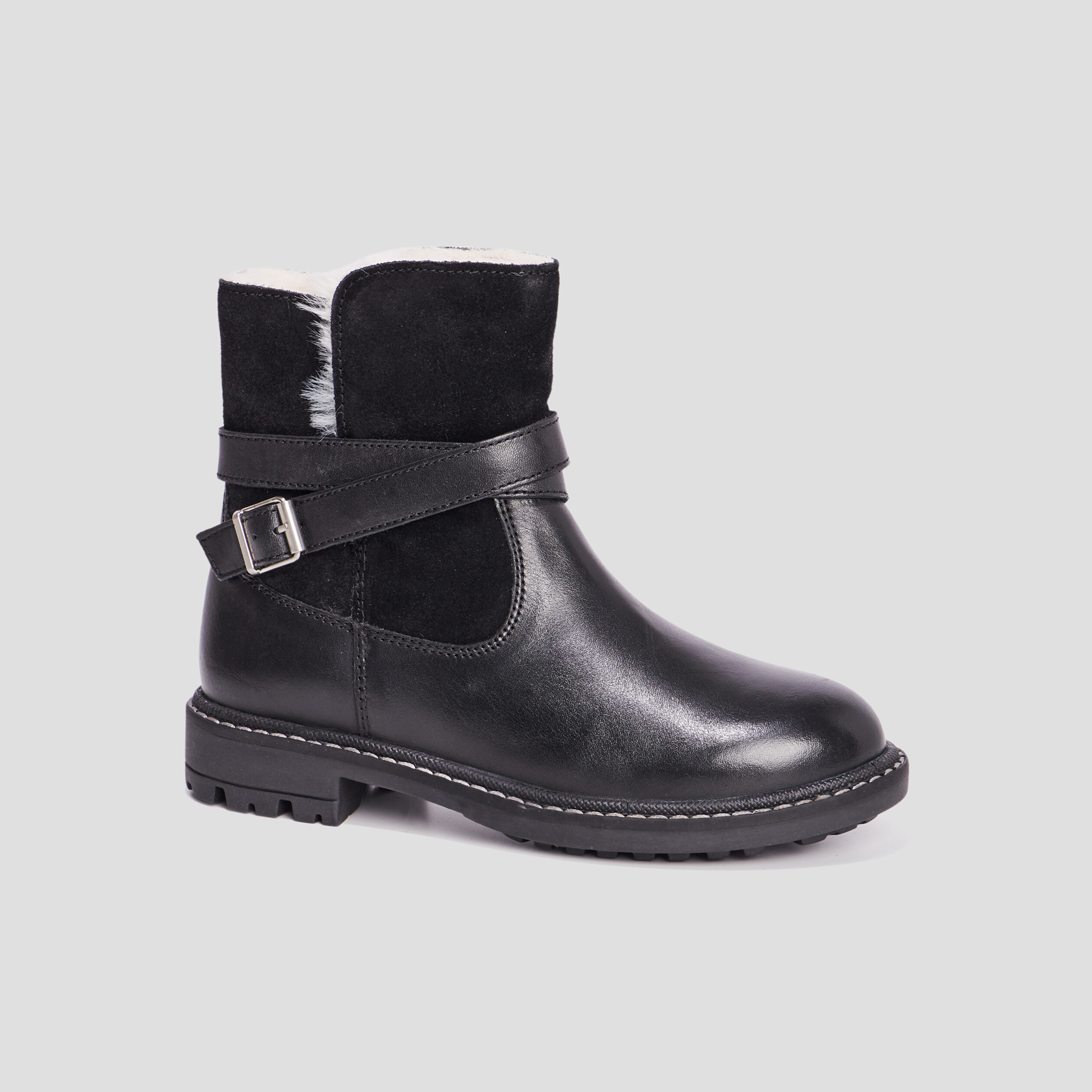 Bottines fourrées avec boucles en cuir noir fille | La Halle
