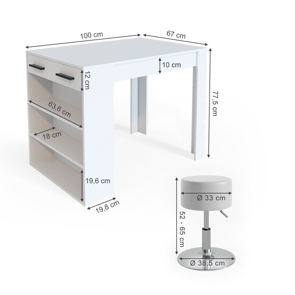 Vicco Bartisch Bartresen Stehtisch Bistrotisch REPOSE Weiß inkl. Hocker