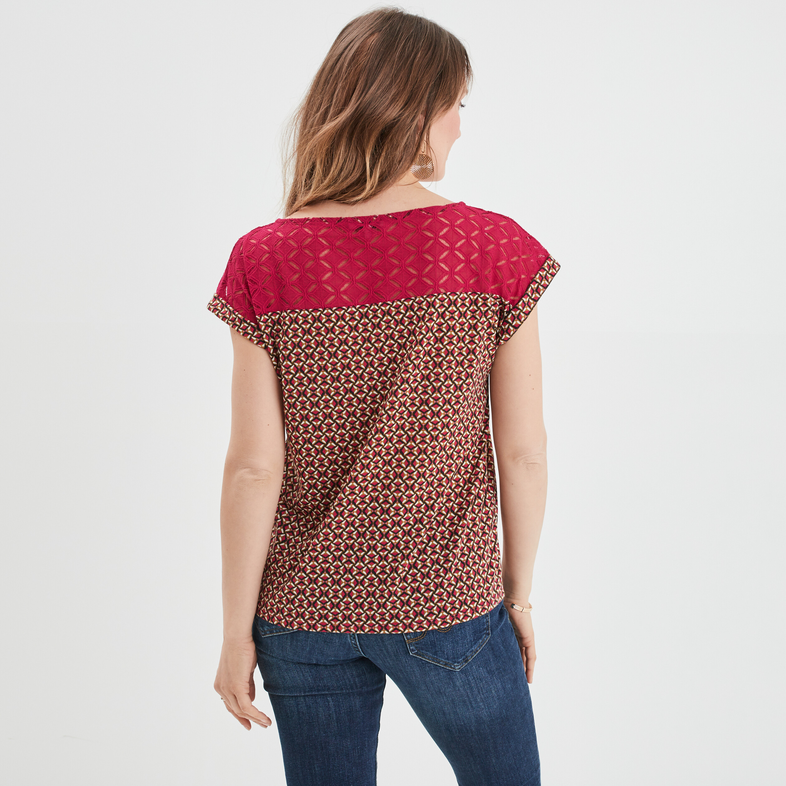 T-shirt dentelle épaules et dos rose fushia femme | La Halle