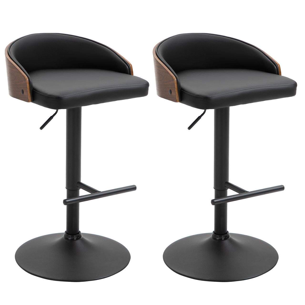 HOMCOM 2er-Set Barhocker drehbare Barstühle mit Fußstütze Barstuhl höhenverstellbar Küchenstühle Drehstühle Kunstleder Holz Schwarz Kaffee 48 x 49,5 x 76-96 cm