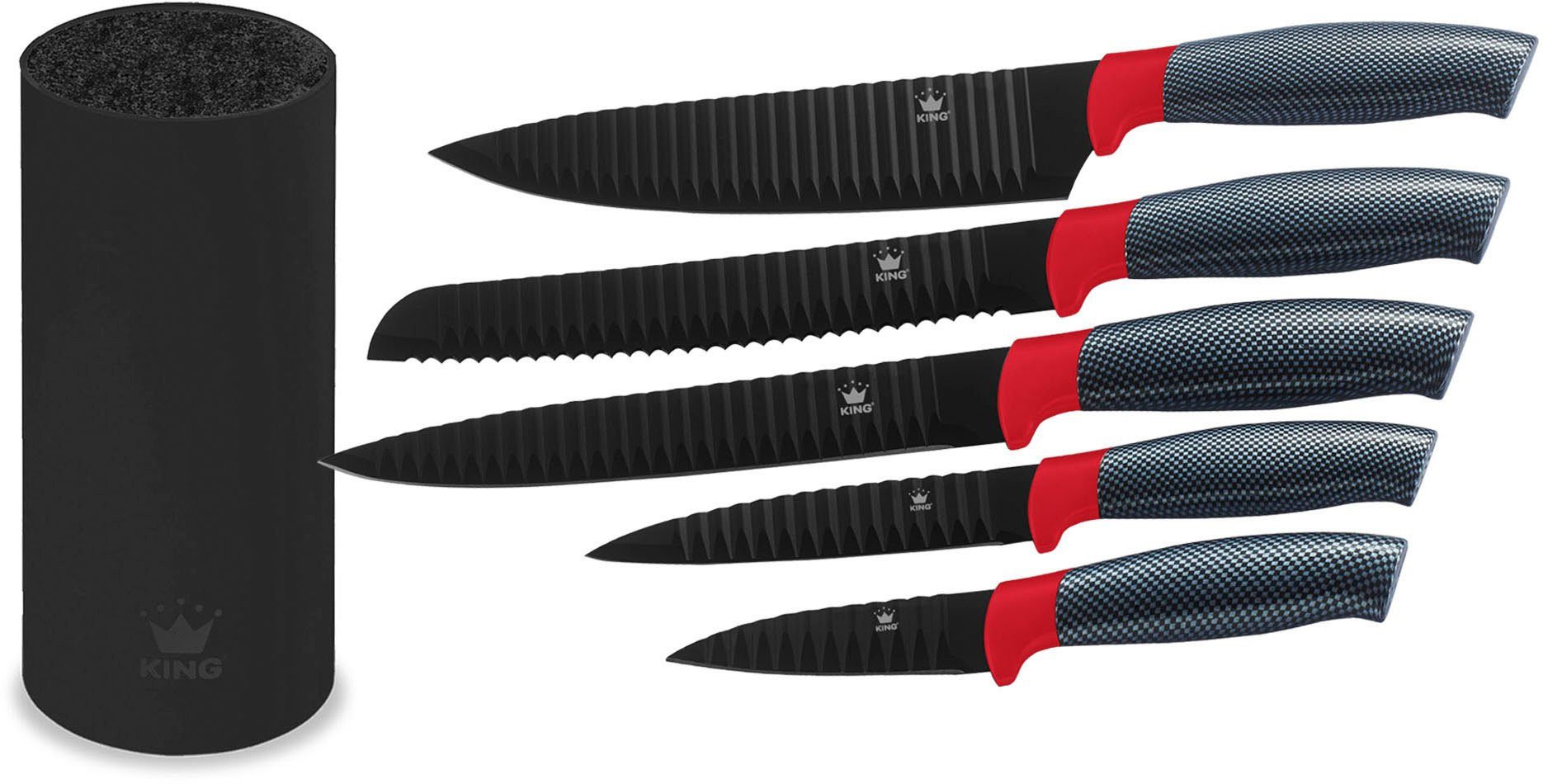 KING Messerblock FRESHIN CARBON DESIGN RED (12tlg), Edelstahl-Schüsseln Kunststoffdeckeln, Messerklingen Riffelstruktur