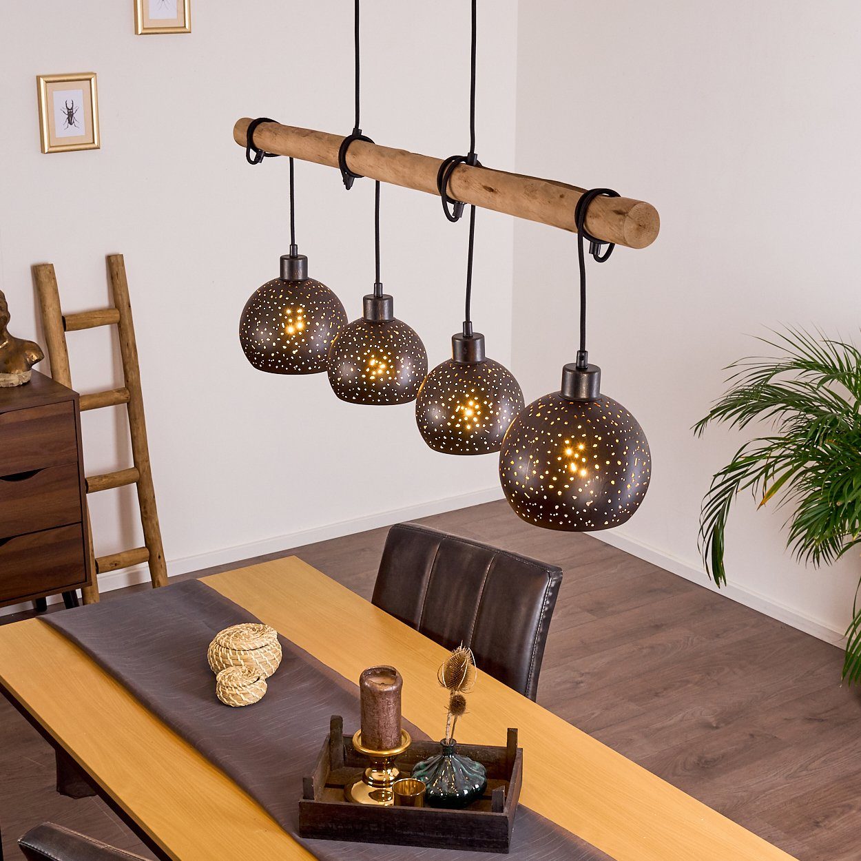 hofstein Pendelleuchte Nave 4-flammige Deckenlampe aus Metall in schwarz und kupferfarben, ohne Leuchtmittel, Vintage Look Pendellampe mit Holz in Natur, 4xE27