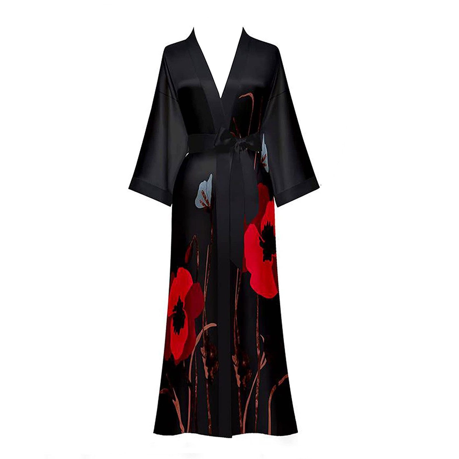 Vivi Idee Morgenmantel Bademantel Schlafmantel kimono lang leicht satin Sauna Einheitsgröße, Kimono-Kragen, Bindegürtel, Seidig