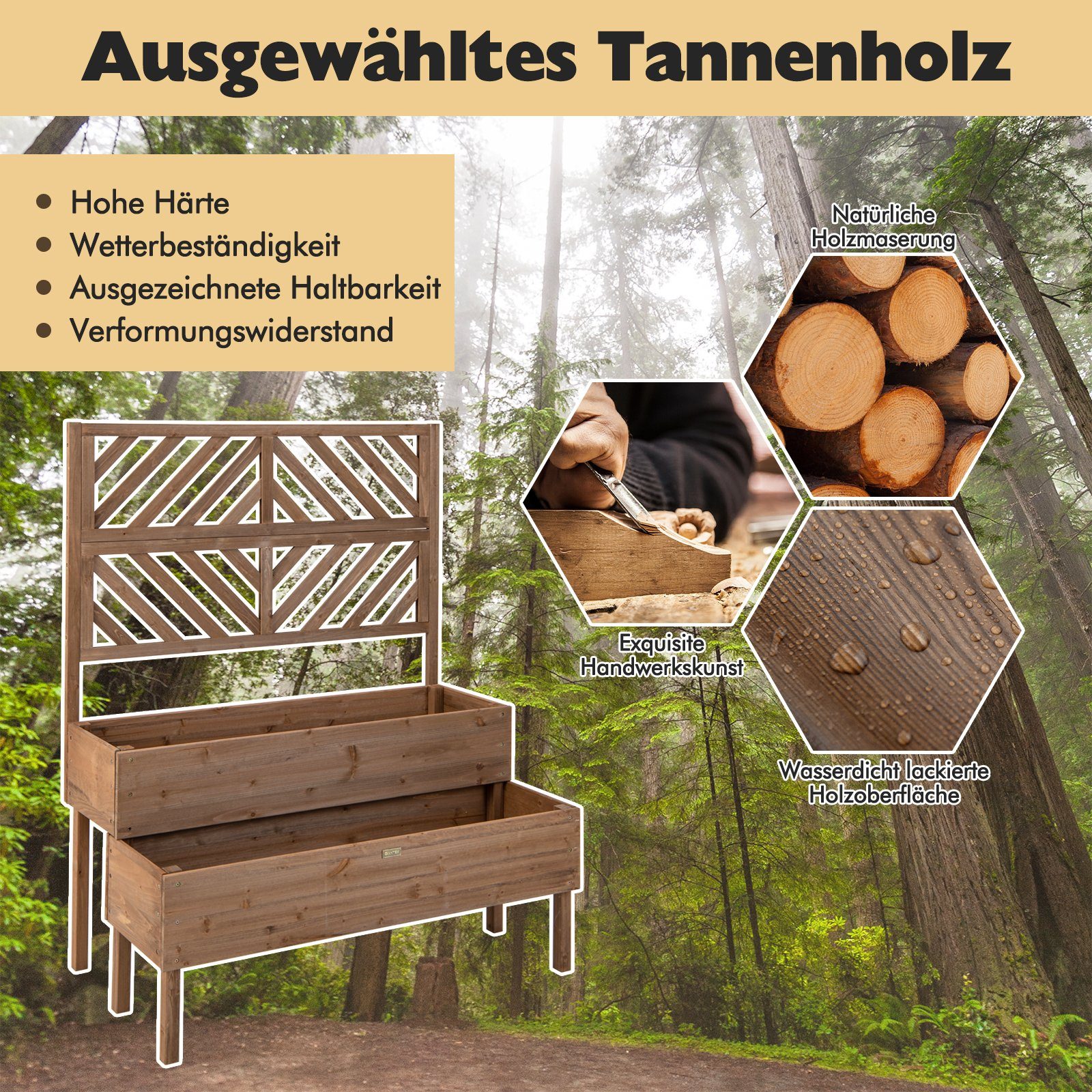 COSTWAY Hochbeet, mit Spalier, 2 Rankkästen und Drainageloch, aus Tannenholz