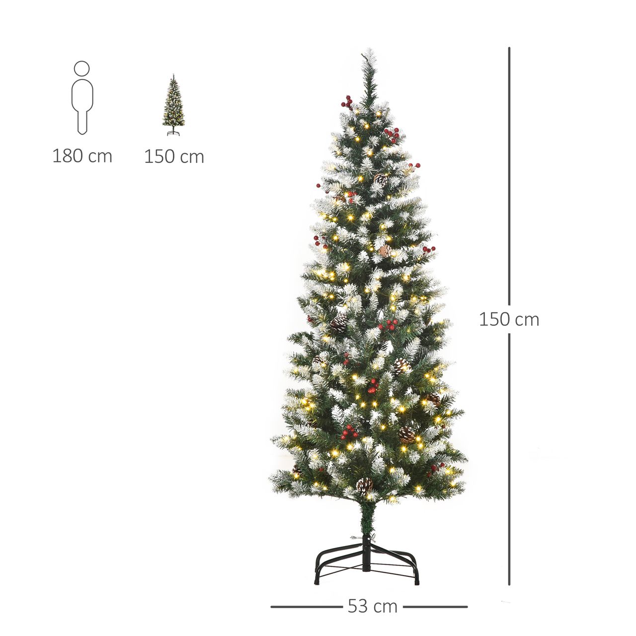 HOMCOM Weihnachtsbaum 1,5 m Christbaum Tannenbaum mit 25 roten Beeren Tannenzapfen LED-Lichter Kunsttanne 408 Zweige PVC Stahl Grün Weiß Ø53 x 150 cm