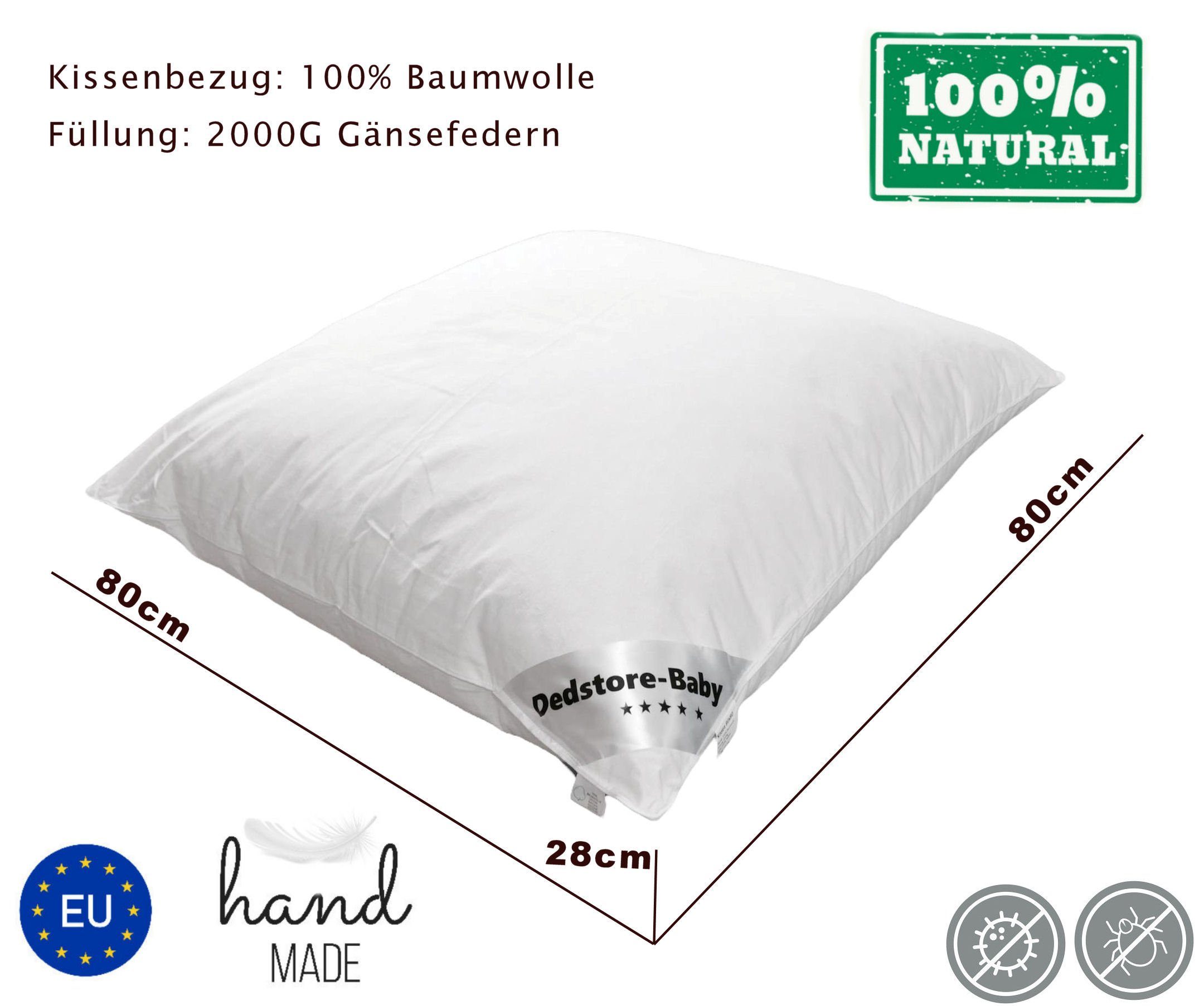 Federkissen 2er Kissen Kopfkissen 80x80cm Federkissen Bezug Baumwolle 2000g, Dedstore-Baby, Füllung: 100% polnische Gänsefedern, Bezug: Baumwolle, Seitenschlaefer, Rueckenschlaefer, Bauchschlaefer, Spar-Set, 2-tlg., Allergieker freundlich,Natur,ohne