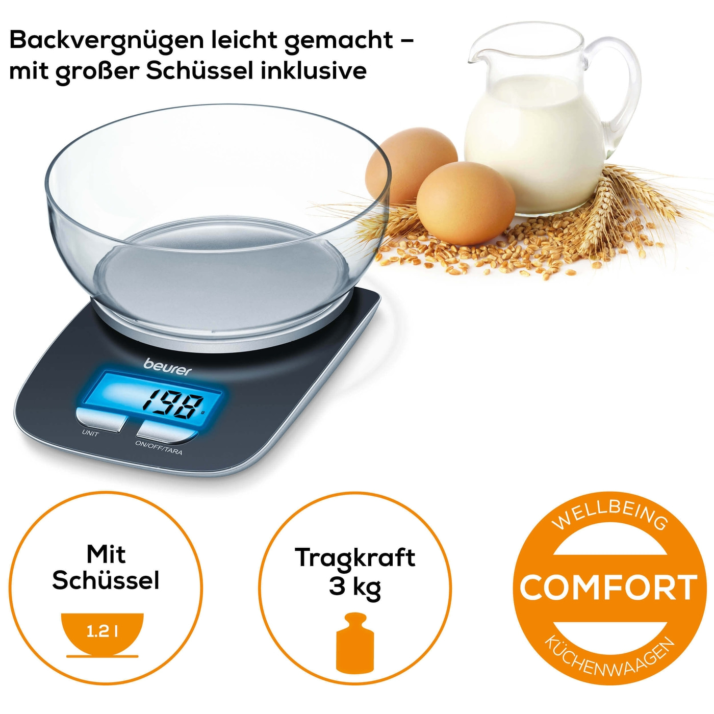 Beurer Küchenwaage - KS 25-Digitale Küchenwaage mit abnehmbarer Schüssel & Displaybeleuchtung