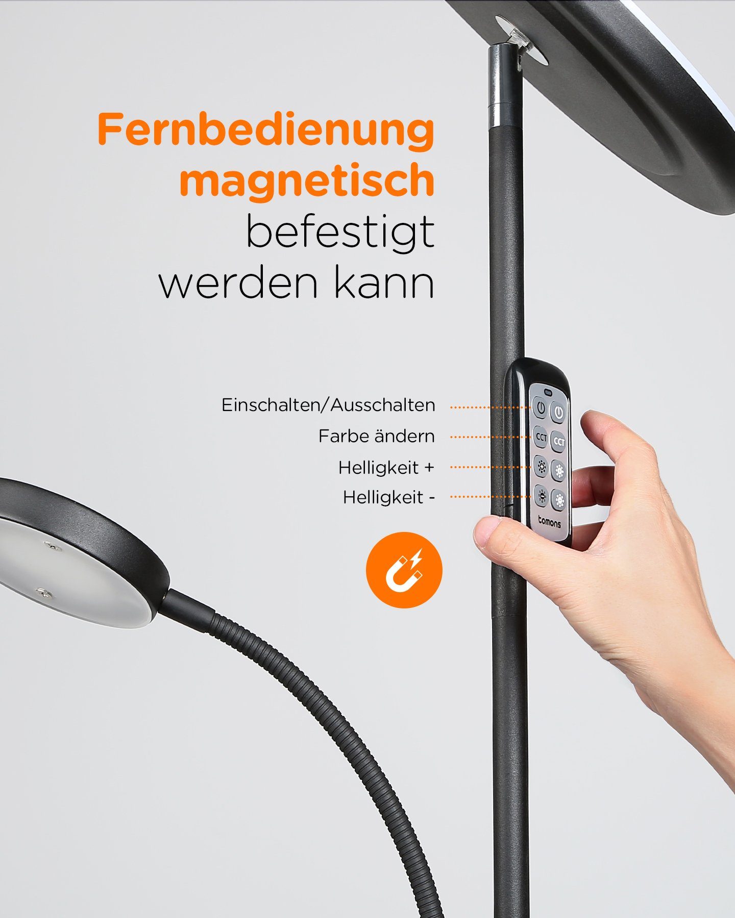 Tomons LED Stehlampe Stehleuchte Stufenlos Dimmbar, verstellbare Leselampe, LED fest integriert