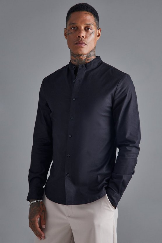 Langärmliges Slim-Fit Hemd mit Grandad-Kragen