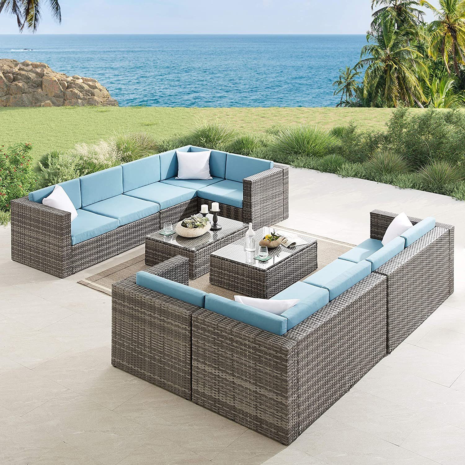 Mucola Gartenlounge-Set Gartenmöbel Rattanmöbel Gartenset Polyrattan Sitzgruppe Grau Blau Sofa, (Stück, 4-tlg., Premium-Sitzgarnitur), Hochdichter Schaumstoff