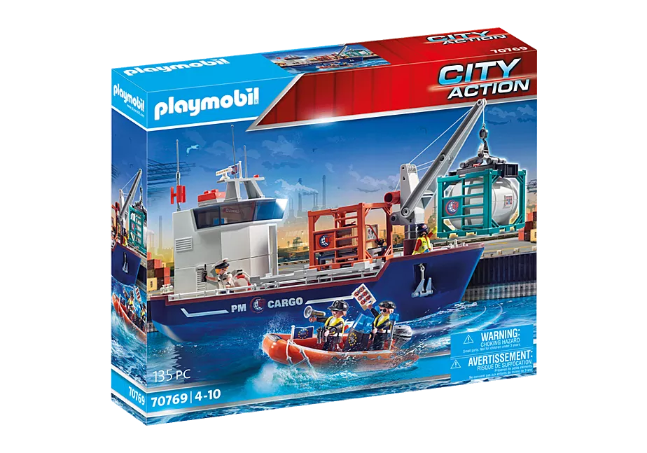 Gro&szlig;es Containerschiff mit Zollboot