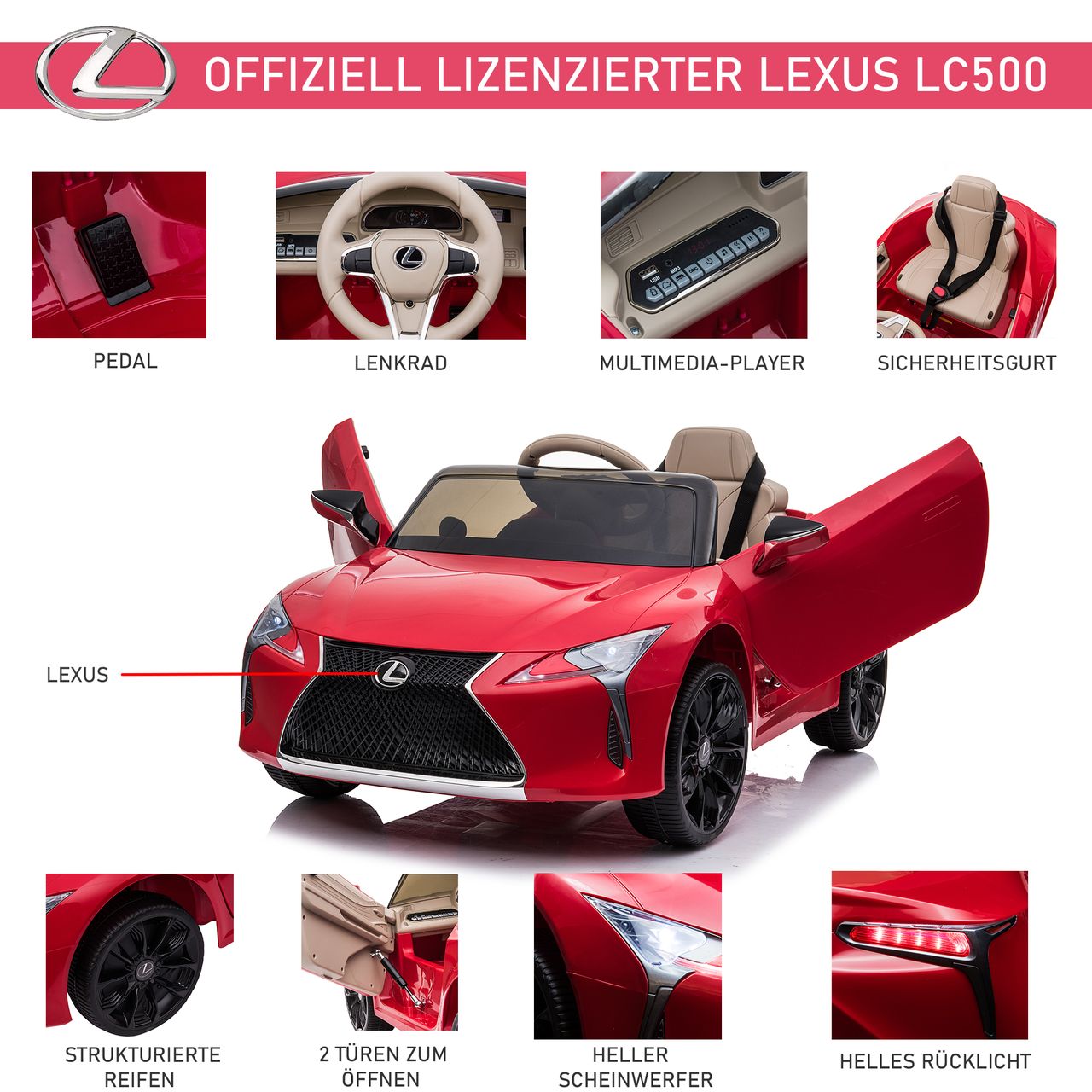 HOMCOM Kinderauto von Lexus Kinderfahrzeug Elektroauto mit MP3 Musik Rot