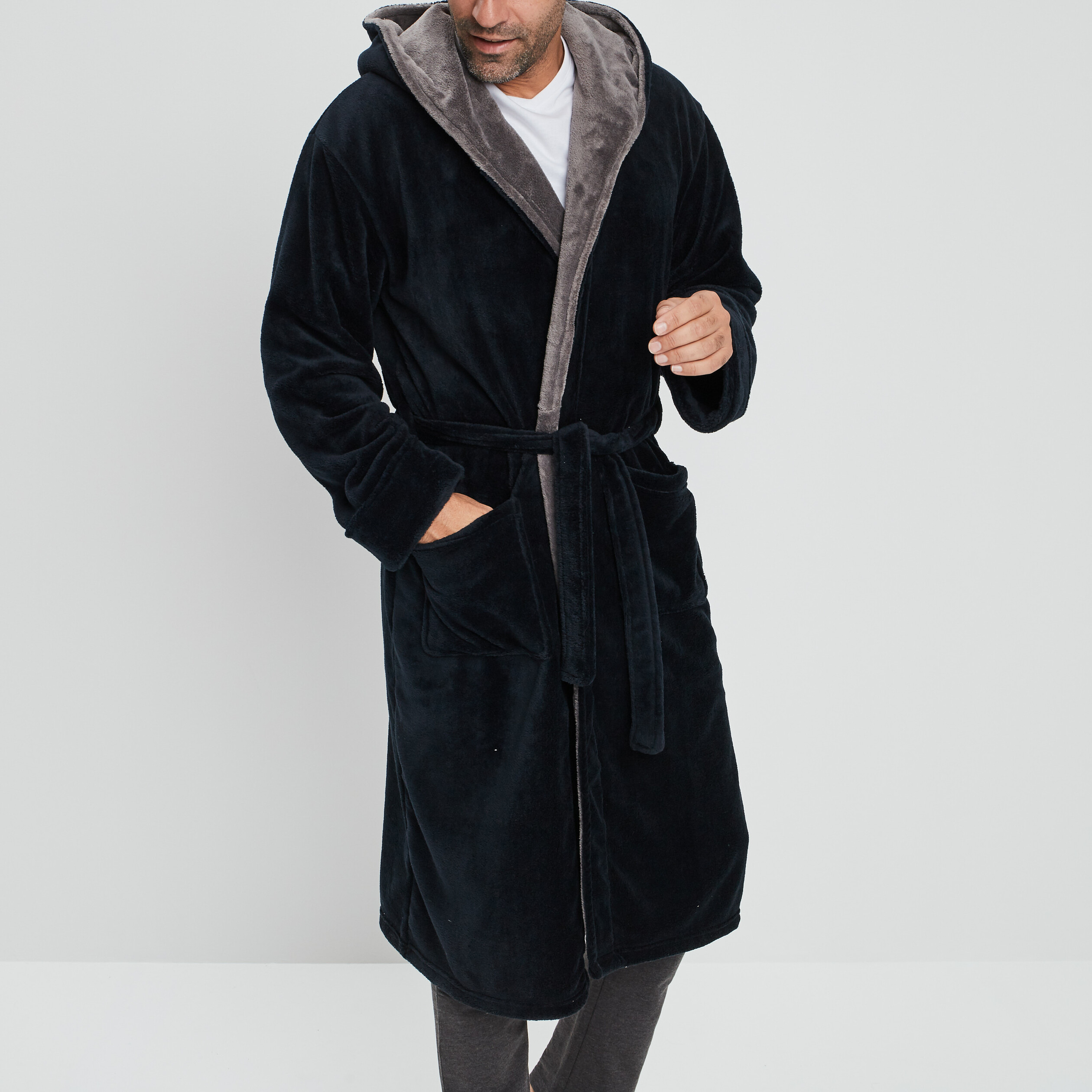 Peignoir long col châle noir homme | La Halle