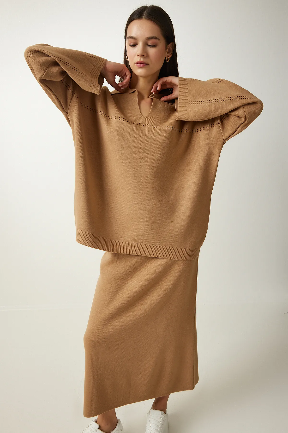Happiness İstanbul  Kamelfarbener Damen-Polokragen-Stilvoller Strickpullover-Rock-Anzug YY00186