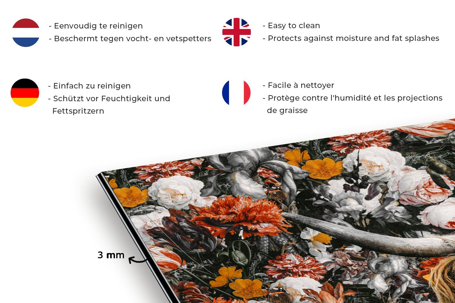 MuchoWow Küchenrückwand Schottischer Highlander - Blumen - Schwarz - Weiß, (1-tlg), 60x40 cm, Herdblende aus Wandschutz, Temperaturbeständig küchen