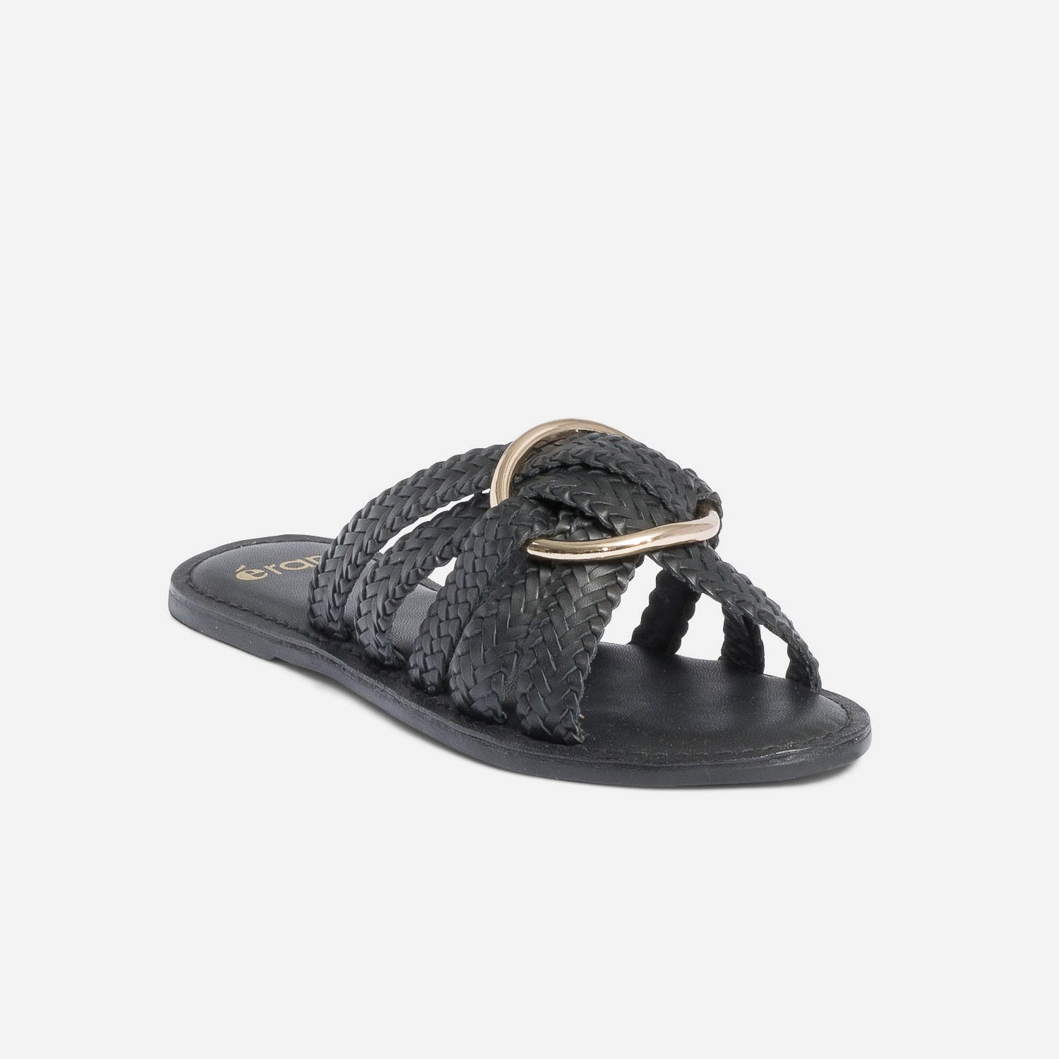 Mule noire en cuir tressé avec maxi anneau