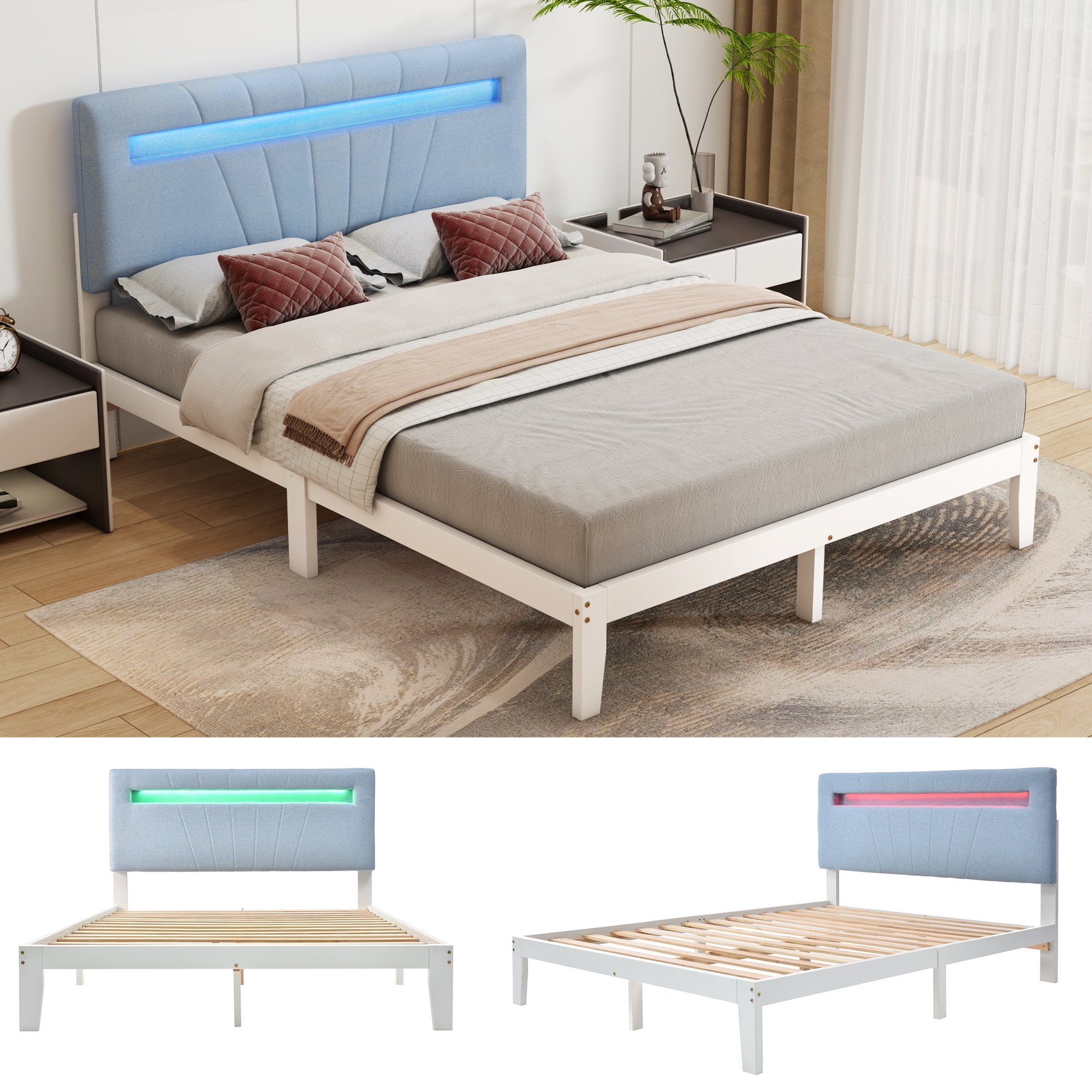 KLAM HOME Massivholzbett 140x200 Massivholzbett mit gepolstertes Kopfteil und Lattenrost (Set, Holzbett aus Kiefer mit LED-Leuchte), Einzelbett Doppelbett Bettrahmen, für Schlafzimmer und Jugendzimmer