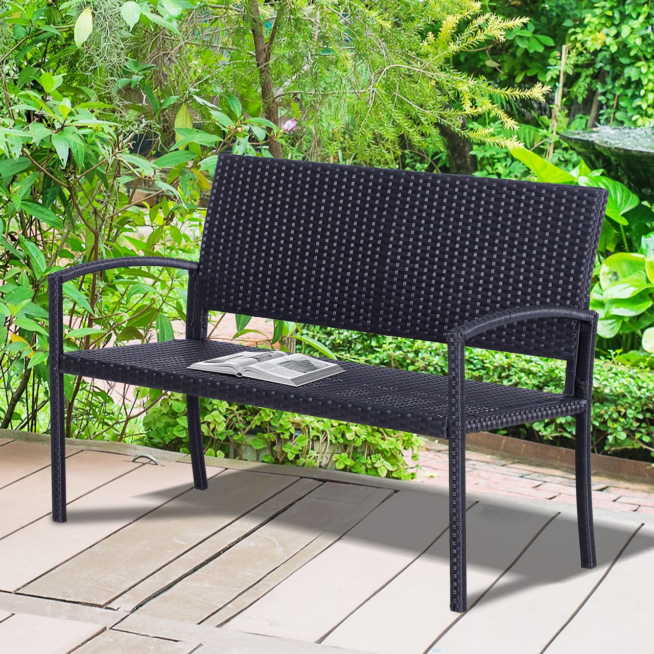 Outsunny Polyrattan Gartenbank Parkbank Sitzbank 2-Sitzer Geflecht Stahl Schwarz B122 x T60 x H87cm