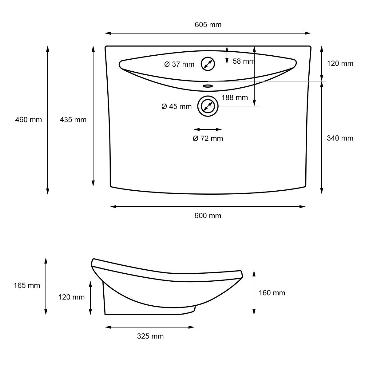 ECD Germany Waschbecken Aufsatzbecken Aufsatzwaschbecken Aufsatzwaschtisch Waschschale, Keramik Weiß 605x460x165mm inkl. Ablaufgarnitur mit Überlauf