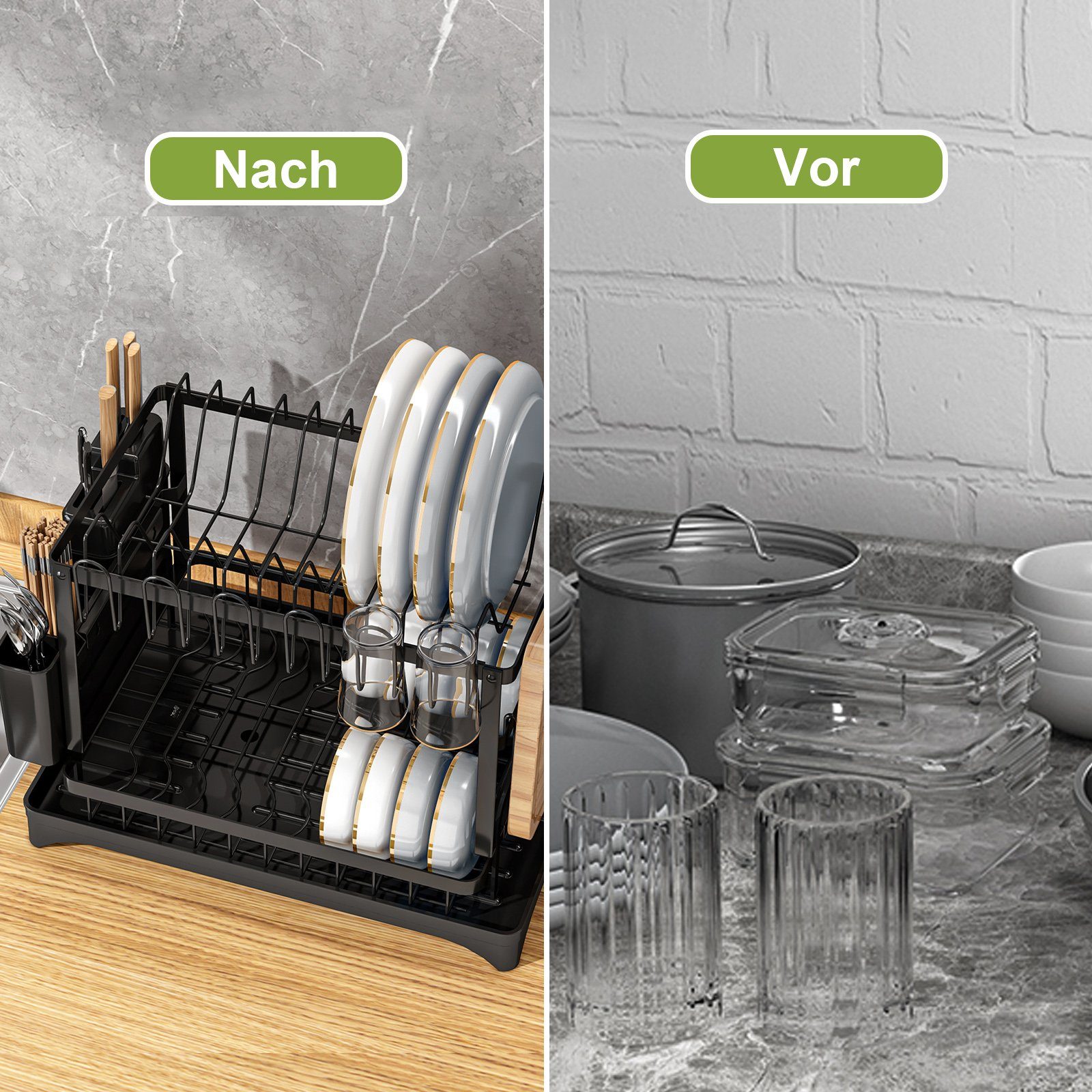 Aoucheni Geschirrständer Abtropfgestell Geschirr, 2-stufiges Geschirrabtropfgestell Edelstahl, Zubehör für für Geschirr/Messer/Becher/Schneidebrett, Geschirr-Trockengestell für Küchentheke