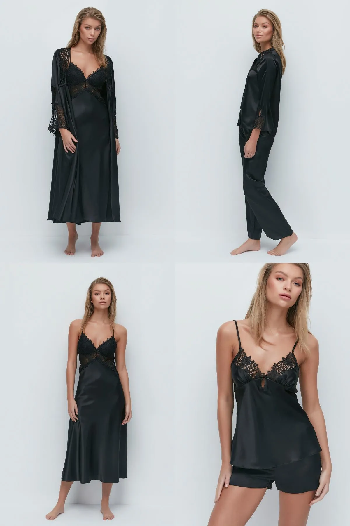 C&City  9025 6-teiliges Aussteuerset für Damen, Nachthemd, Morgenmantel, Schwarz